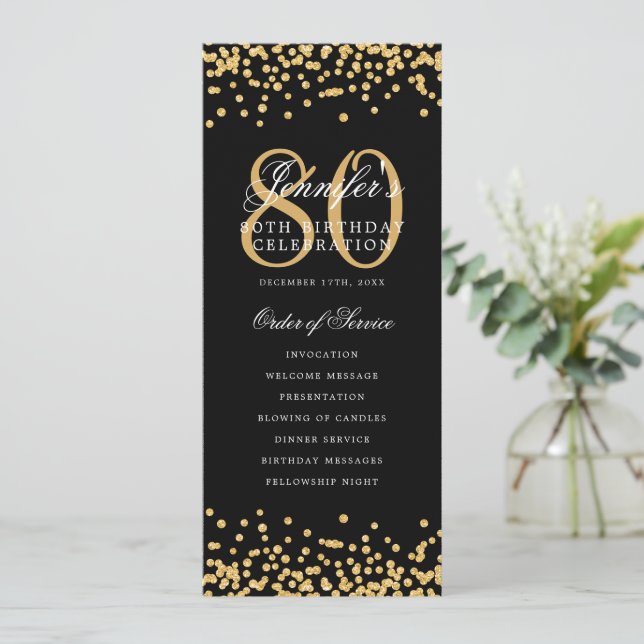 Elegant 80. Geburtstag Programm Gold Black Confett (Stehend Vorderseite)
