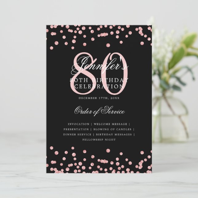 Elegant 80. Geburtstag Programm Menü Rose Gold Bla (Stehend Vorderseite)