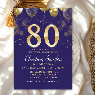 Elegant 80th Birthday Invitation with Gold Ballons Einladung