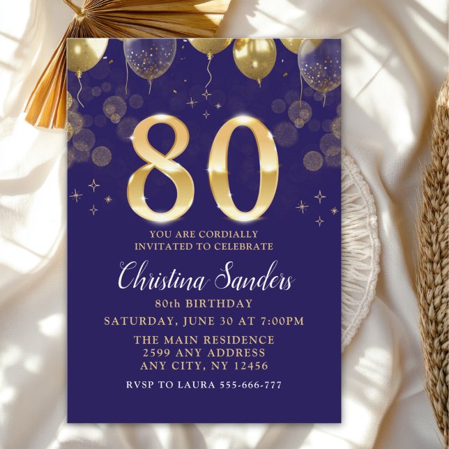 Elegant 80th Birthday Invitation with Gold Ballons Einladung (Von Creator hochgeladen)