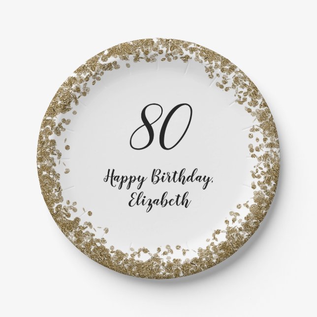 Elegant 80th Birthday Plates With Gold Sequins Pappteller (Vorderseite)