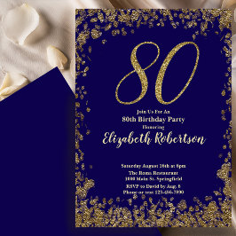Elegant 80th Blue Birthday Invitation Gold Sequin Einladung