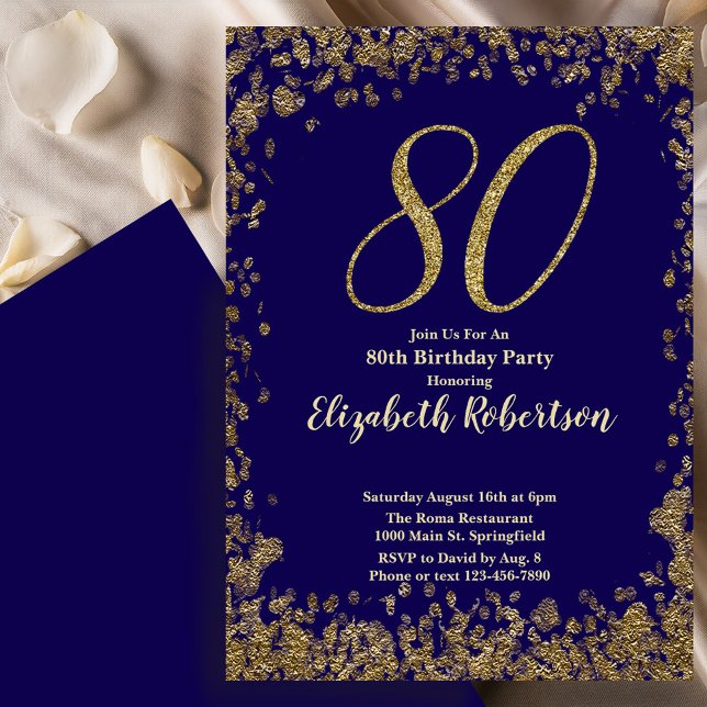 Elegant 80th Blue Birthday Invitation Gold Sequin Einladung (Von Creator hochgeladen)