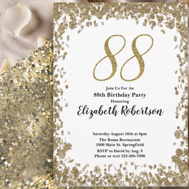 Elegant 88th Birthday Invitation For Her in Gold (Créateur téléchargé)