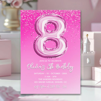 Elegant 8th Birthday Pink Number Balloon Einladung