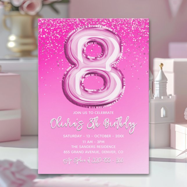 Elegant 8th Birthday Pink Number Balloon Einladung (Von Creator hochgeladen)
