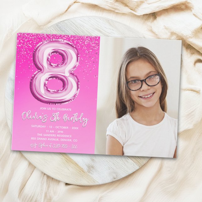 Elegant 8th Birthday Pink Number Balloon with phot Einladung (Von Creator hochgeladen)