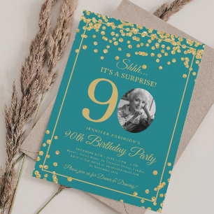 Elegant 90. Geburtstag Gold Konfetti Türkis Einladung