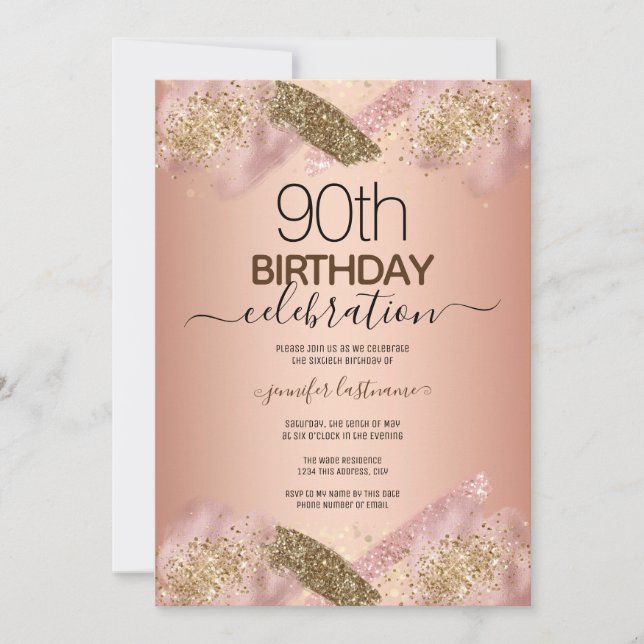 Elegant 90. Geburtstag Rose Gold Glitzer Einladung (Vorderseite)