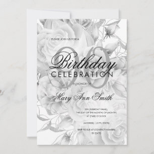 Elegant 90. Geburtstagsparty Floral Silver White Einladung