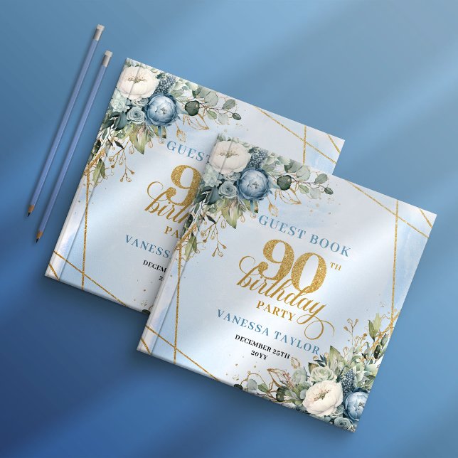 Elegant 90th Birthday Dusty Blue Floral Frame Book Gästebuch (Timeless Dusty Blue Gold 90th Birthday Guest Book)