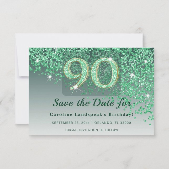 Elegant 90th Birthday Green Glitter Frosted Save The Date (Vorderseite)