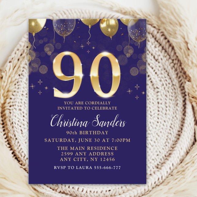 Elegant 90th Birthday Invitation with Gold Glitter Einladung (Von Creator hochgeladen)