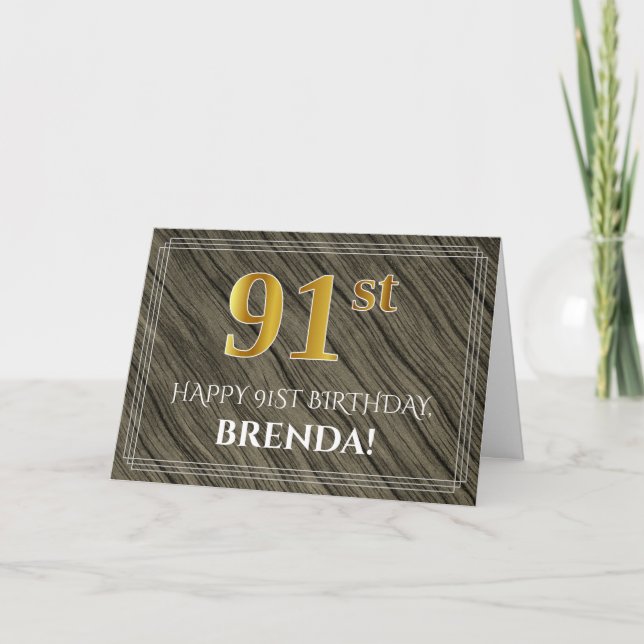 Elegant 91. Geburtstag: Imitate Holz, Imitate Gold Karte (Vorderseite)