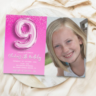 Elegant 9th Birthday girl with photo Numer Ballon Einladung
