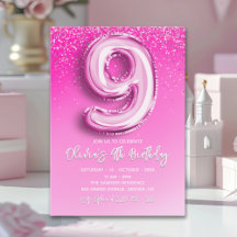 Elegant 9th Birthday Girl with Pink Number Balloon