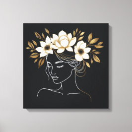 Elegant Abstract Female Line Art with Gold Floral  Leinwanddruck