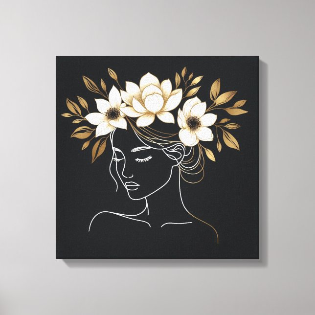 Elegant Abstract Female Line Art with Gold Floral  Leinwanddruck (Vorderseite)