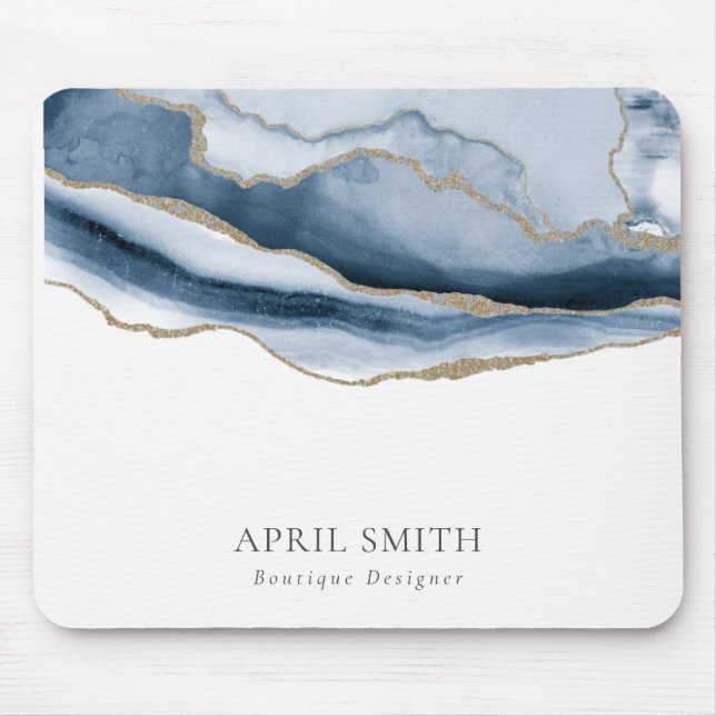 Elegant Abstrakt Navy Blue Agate Gold Wasserfarbe Mousepad (Vorne)