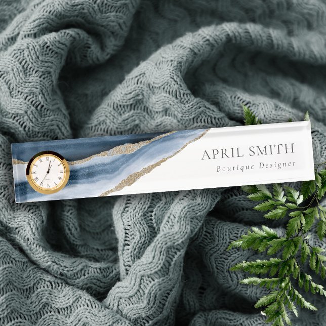 Elegant Abstrakt Navy Blue Agate Gold Wasserfarbe Namensplakette (Von Creator hochgeladen)