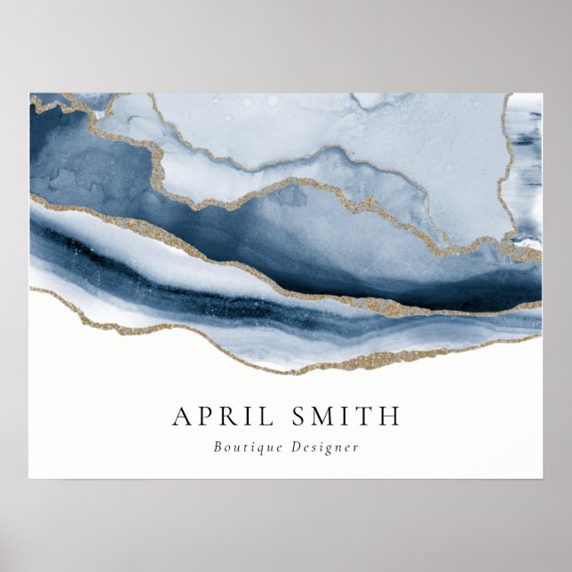 Elegant Abstrakt Navy Blue Agate Gold Wasserfarbe Poster (Vorne)