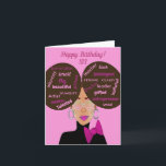Elegant Afro American Sister Birthday Card Karte<br><div class="desc">Diese einzigartige Geburtstagskarte zeigt ein afrikanisches amerikanisches Mädchen mit zwei Afro Puffs und Wortkunst. Schicken Sie Ihrer Schwester eine herzliche Karte,  die genau das ausdrückt,  was Sie gewollt haben zu sagen.</div>