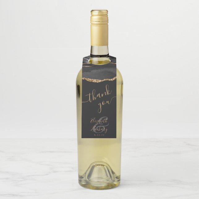 Elegant Agate Black Gold Dark Wedding Vielen Dank Flaschenanhänger (Auf Flasche)