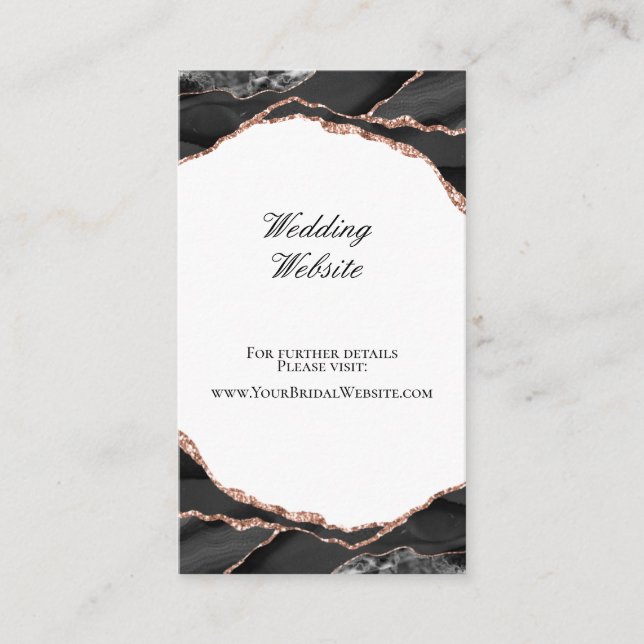 Elegant Agate Black Rose Gold Wedding Website Begleitkarte (Vorderseite)