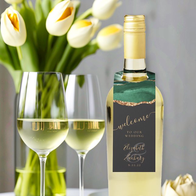 Elegant Agate Emerald Green Gold Wedding Willkomme Flaschenanhänger (Von Creator hochgeladen)