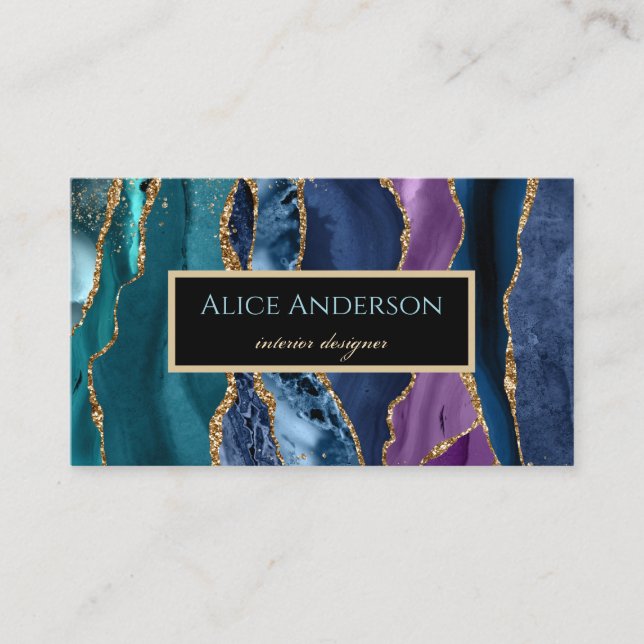 Elegant Agate goldblauen schwarzen Designer Busin Visitenkarte (Vorderseite)