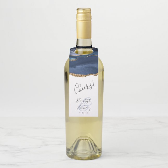 Elegant Agate Navy Blue Gold Wedding Cheers Flaschenanhänger (Auf Flasche)