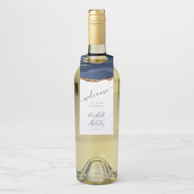 Elegant Agate Navy Blue Gold Wedding Willkommen Flaschenanhänger (Auf Flasche)