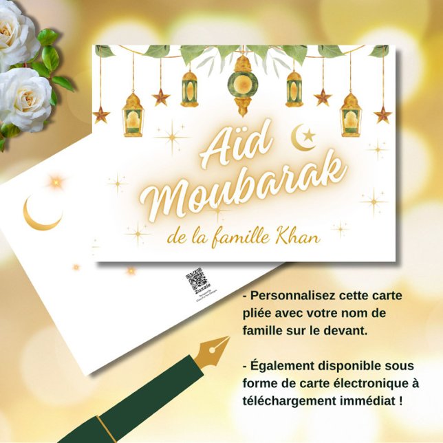 Elegant Aïd Moubarak Französisch Eid Mubarak White Karte (Une carte élégante et moderne. Aïd Moubarak!)