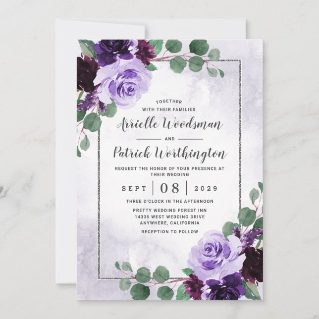 Elegant Airy Boho Floral Lila und Silver Wedding Einladung (Vorderseite)