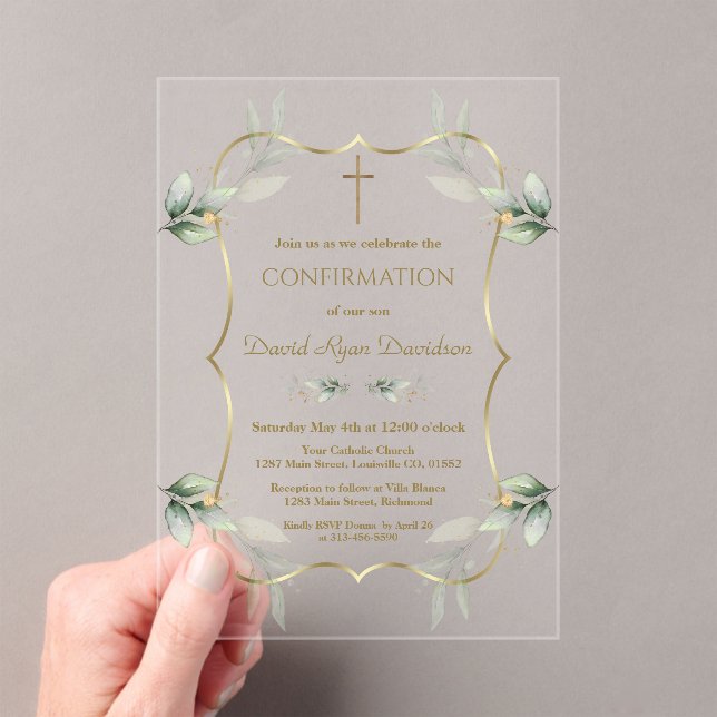 Elegant Airy Greenery Gold Cross Bestätigung Acryleinladungen (Insitu (Handheld))