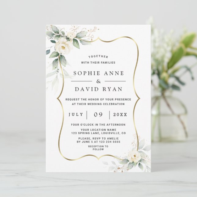 Elegant Airy Greenery White Blume GoldWedding Einladung (Stehend Vorderseite)