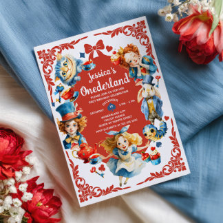 Elegant Alice in ONEDERLAND Cute 1st Birthday Einladung