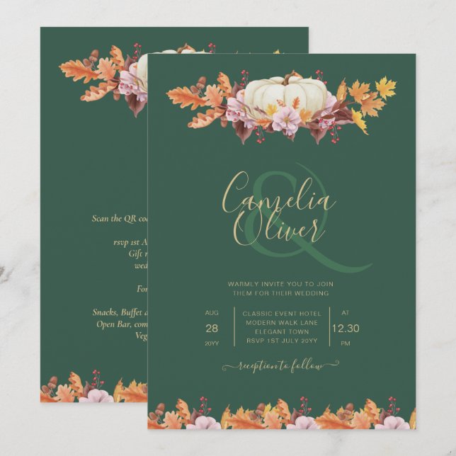 ELEGANT All-in-1 Herbst Pumpkin Green Gold Wedding Einladung (Vorne/Hinten)