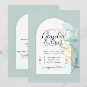 ELEGANT All-in-1 Sea Glass Gold Leaf Sage Wedding Einladung