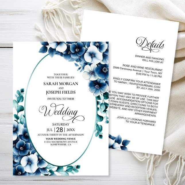 Elegant All in One Blue Floral Wedding Einladung (Von Creator hochgeladen)