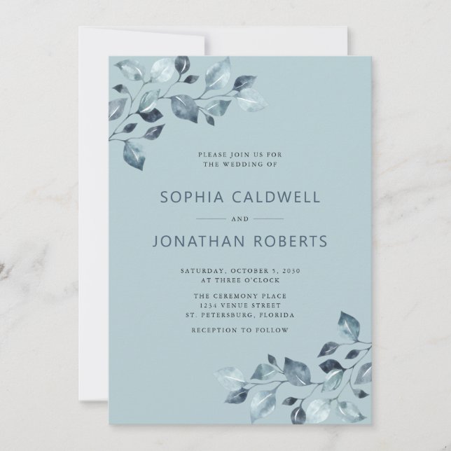 Elegant All in One Dusty Blue Eucalyptus Wedding Einladung (Vorderseite)