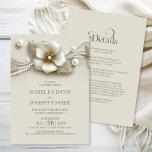 Elegant All in One Flower and Pearls Wedding Einladung<br><div class="desc">Invite your friends and loved ones to celebrate your union with this elegant wedding invitation. The customizable text allows you to effortlessly add the bride and groom’s names, wedding date, and the necessary details of your celebration. Designed for the budget-savvy couple, the reception venue location, RSVP response request, accommodation details,...</div>