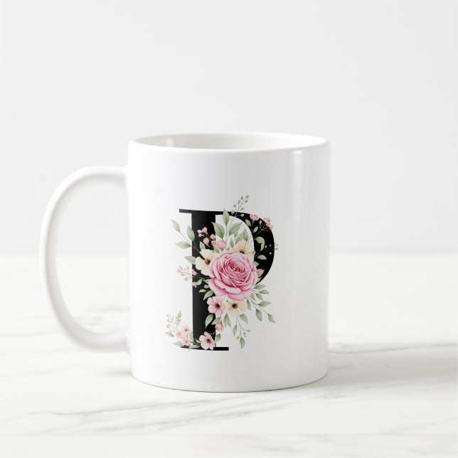 Elegant Alphabet Coffee Cup with Pink Rose Design Kaffeetasse (Links)