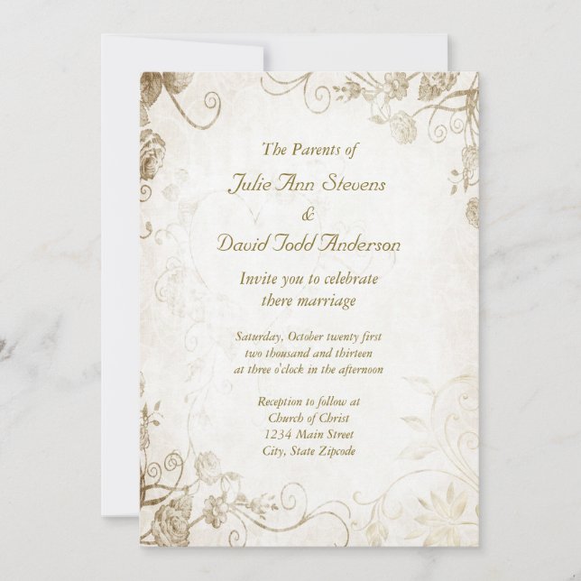 Elégant Antique Gold Vintage Wedding Invitation (Devant)