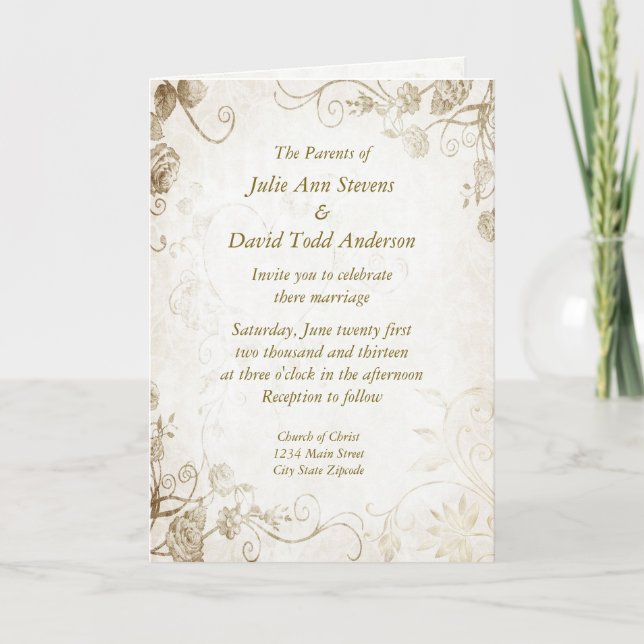 Elégant Antique Gold Vintage Wedding Invitation (Devant)