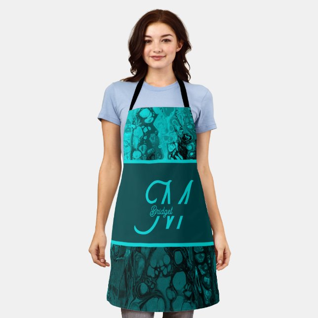 Elegant Aqua Aquamarine fette Script Monogram Schürze (Getragen)