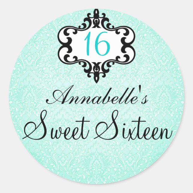 Elegant Aqua & Black Chic Damask Sweet 16 Aufklebe Runder Aufkleber (Vorderseite)