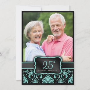 Elegant Aqua Blue and Black Damask 25. Hochzeit Einladung