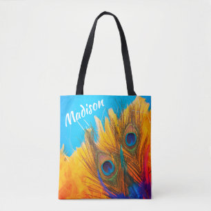 Elegant Aqua Blue and Yellow Peacock's Feathers Tasche