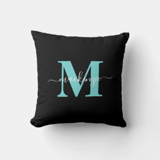 Elegant Aqua Blue Black Monogram Name Kissen
